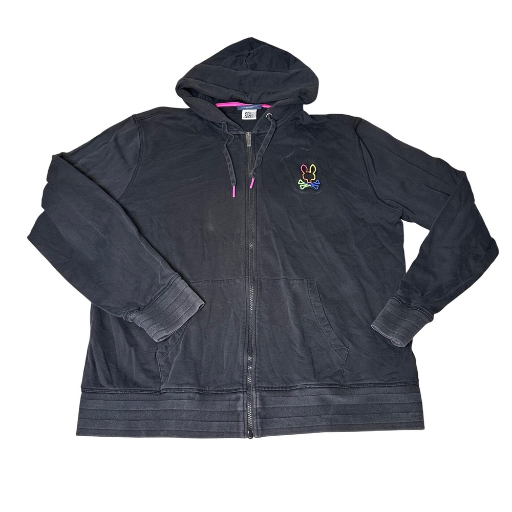 Psycho Bunny Mens XXL Black Full Zip Hoodie Rainbow Neon Logo Cotton Sweatshirt